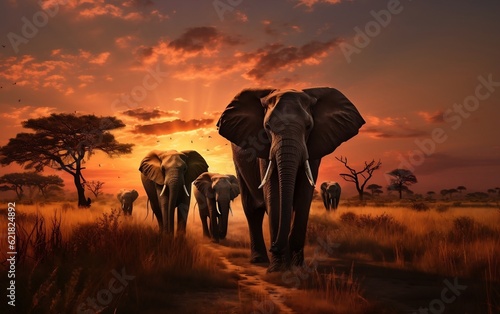 Foto A herd of elephants walking across a grass covered field. AI