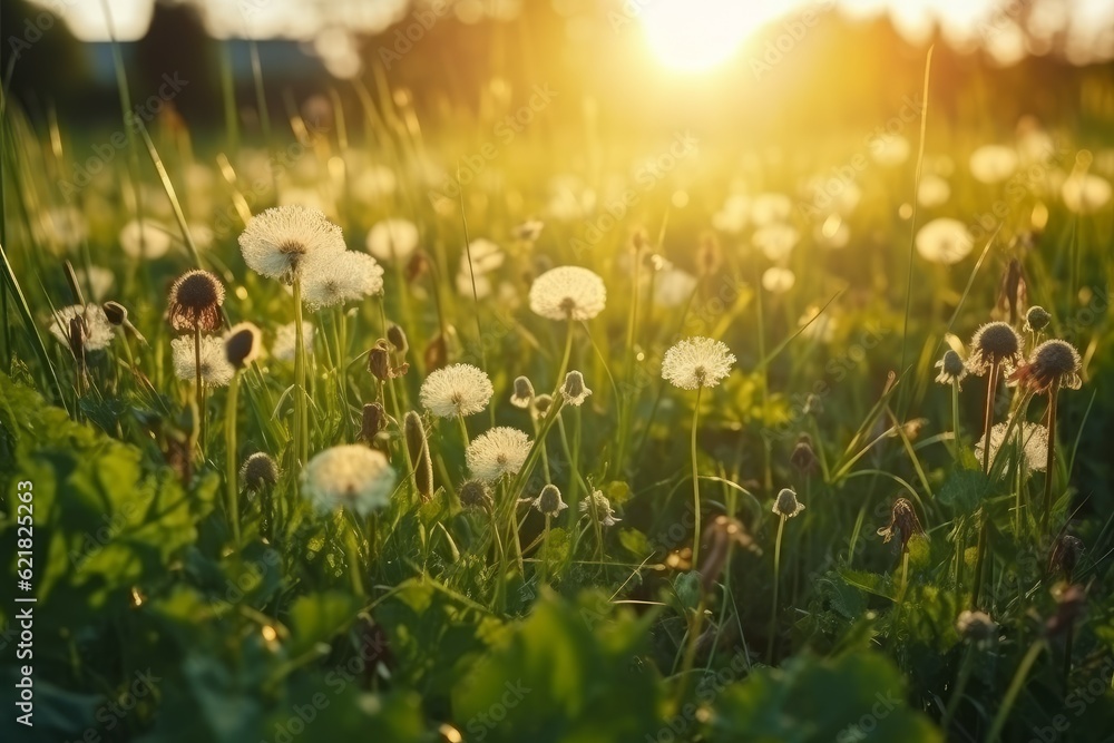 Meadow dandelions sunlight. Generate Ai
