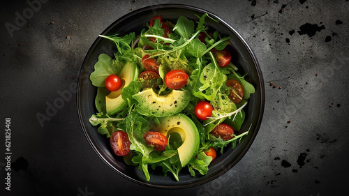 green food balanced diet, plate with green salad top view. Generative AI