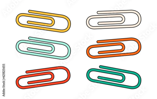School paper staple clips cartoon in doodle retro style. Back to school stationery element bold bright. Classic supplies for children education or office. Fun vector illustration isolated on white.