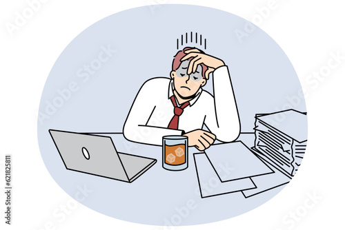 Tired businessman with glass of whiskey on table suffer from job burnout. Male journalist or editor feel stressed overwhelmed with work. Vector illustration.