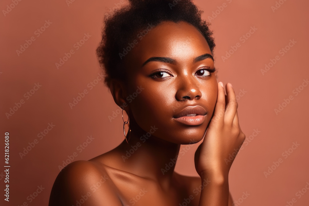 Beautiful african american woman touches her face with healthy skin and natural makeup, created with Generative AI Beautiful african american woman touches her face with healthy skin and natural makeup, created with Generative AI