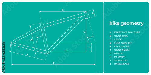 Vector drawing of mountain bike geometry with description of individual dimensions. Isolated on white background