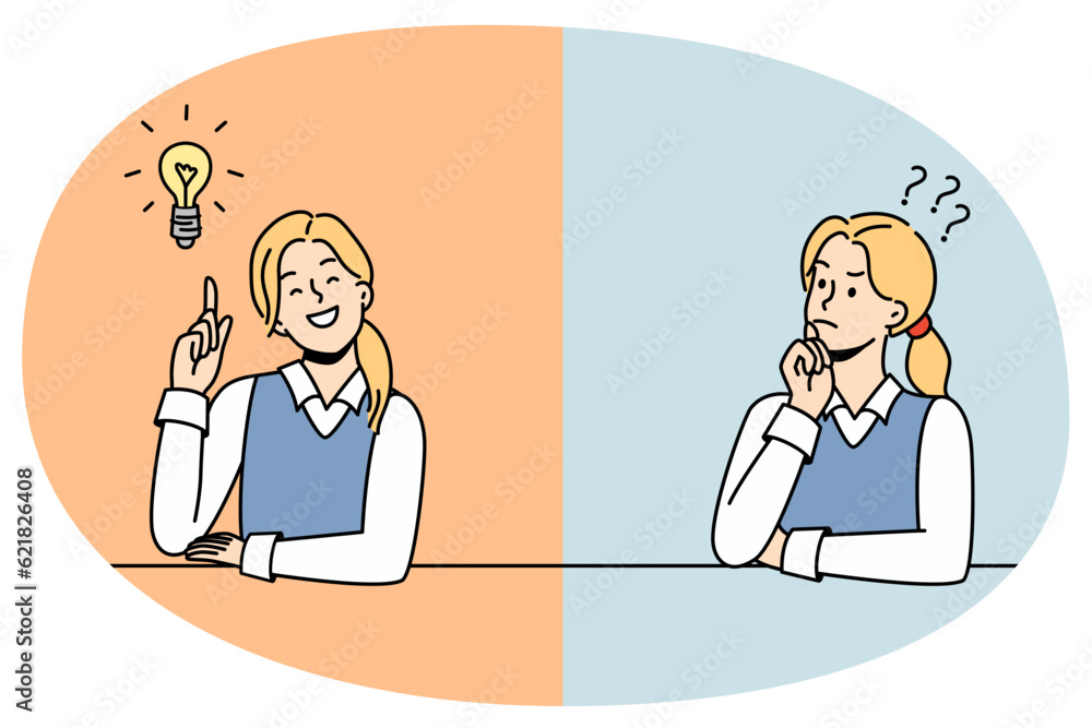 Girl thinking and finding answer. Female student confused looking for answers and creating solution. Innovation and problem solution. Vector illustration. Girl thinking and finding answer. Female student confused looking for answers and creating solution. Innovation and problem solution. Vector illustration.