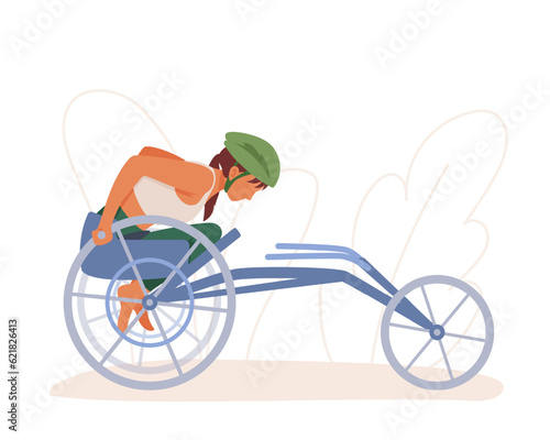 Sporty lady in protective helmet with disability sitting on bicycle. Concept of developing independence. Activities for people with physical barriers. Vector flat illustration