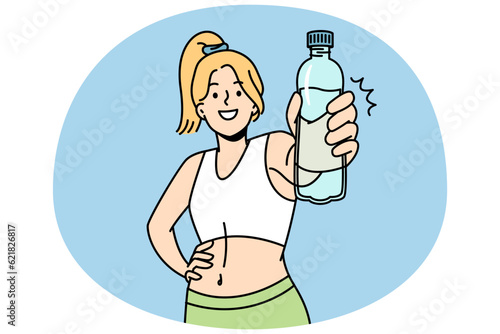 Fit young woman in sportswear recommend water drinking. Smiling toned female athlete follow healthy lifestyle. Sport and diet concept. Vector illustration.