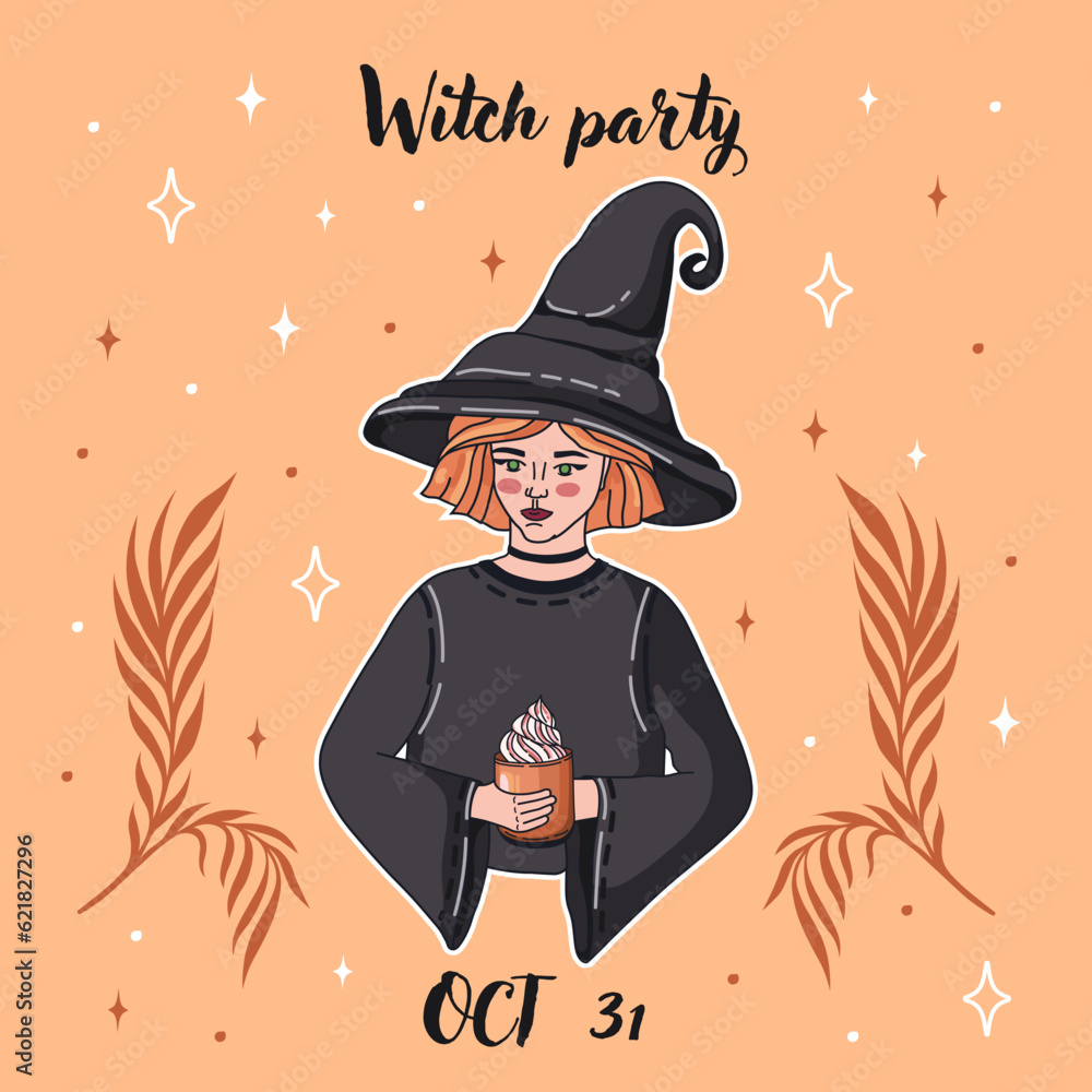 Halloween postcard. Invitation for Witch party. Cute Witch with pumpkin latte. Vector. Halloween postcard. Invitation for Witch party. Cute Witch with pumpkin latte. Vector.