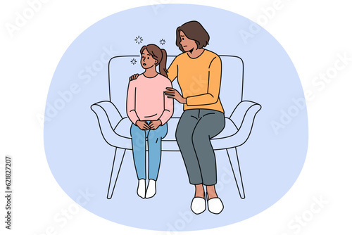 Loving young mom talk with stressed teen daughter suffering from bullying at school. Caring mother comfort support little teenager girl child. Motherhood concept. Vector illustration.