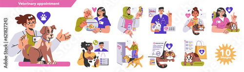 Veterinary appointment set. Pet owners visit a medical clinic. Cat,