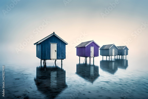 Surreal minimalist image of beach houses on stilts in calm foggy water  made with generative ai