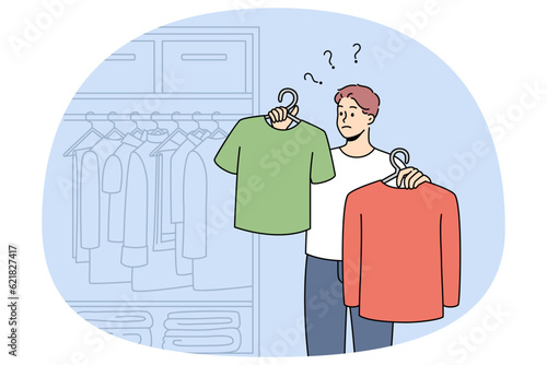 Man choosing clothes near wardrobe at home. Guy feel confused make decision about garment or apparel. Fashion and style problem. Vector illustration.
