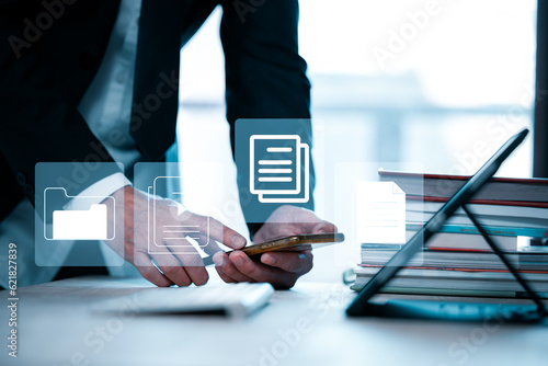 Fototapeta Naklejka Na Ścianę i Meble -  Document Management System (DMS), online documentation database and process automation to efficiently manage files, knowledge and documentation in enterprise with ERP. Corporate business technology.