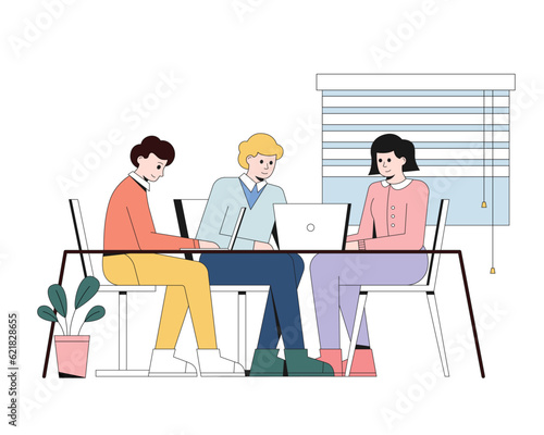 Young people talking in open space office. Discussion and brainstorming ideas. Concept of increasing productivity and efficiency in business. Work in coworking. Vector flat illustration