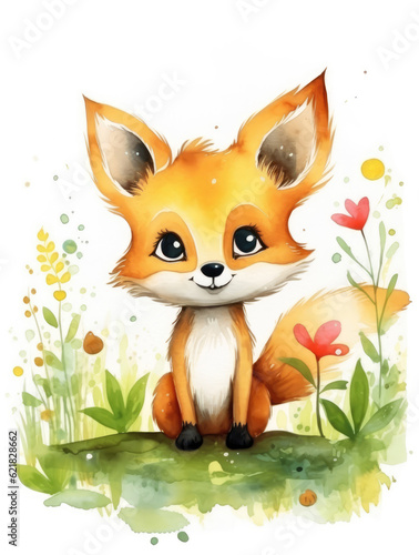 Cute watercolor fox, illustration for children