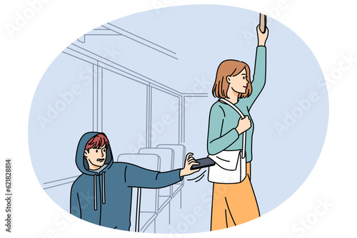 Male pickpocket stealing wallet from female passenger in bus or metro. Man thief take phone or money from woman bag in tram. Burglary and theft concept. Vector illustration.