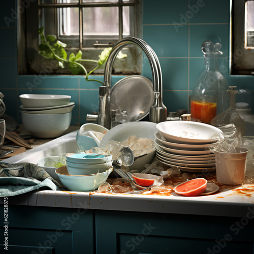 Kitchen sink full of unclean dishes