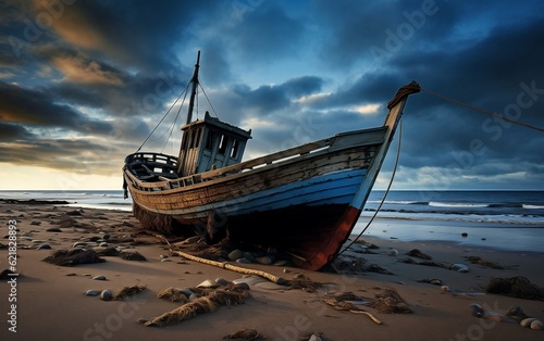 A boat sitting on top of a sandy beach. AI