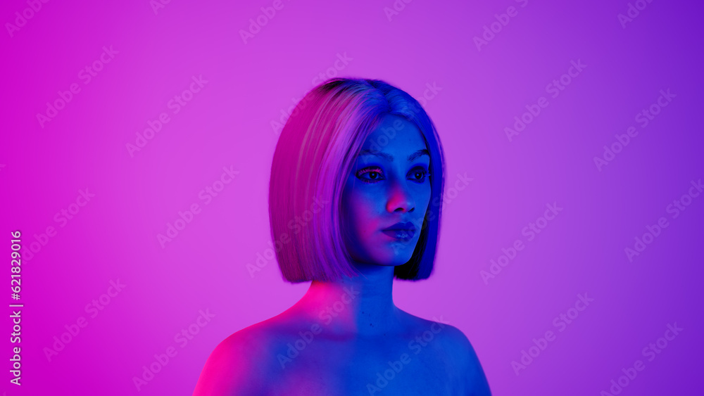 Female hyper-realistic robot or cyborg turn around in studio with neon light. Artificial intelligence or neural network in image cybernetic girl. Digital technology concept. Seamless loop 3d render
