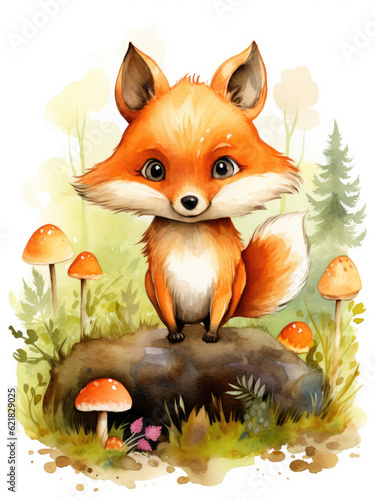 Cute watercolor fox  illustration for children