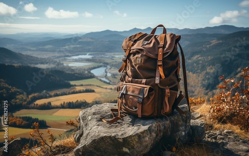 A brown backpack sitting on top of a rock. AI