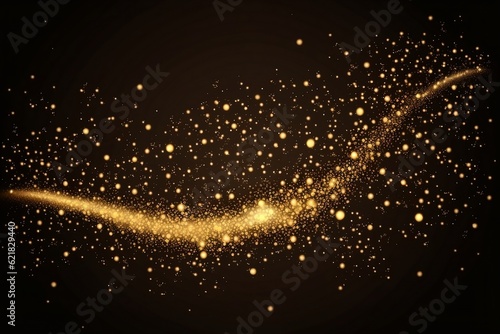Glittering dust on a durk background. Golden sparkling lights. Christmas Holiday glow particle. Magic star effect. Shine background. Festive party design photo