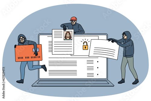 Group of hackers steal personal information from computer. Internet thieves hack laptop security system, get secured data and passwords. Web robbery and fraud. Vector illustration.