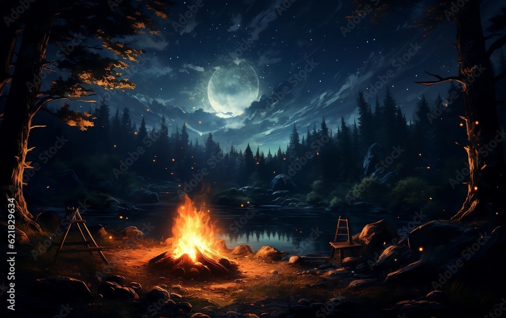 A campfire in the middle of a forest at night. AI