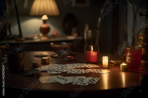 Card game, cards on a table with candles and light