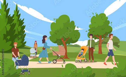 Scene with happy people walking with baby carriages at park flat style