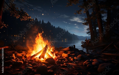 A campfire in the woods at night. AI