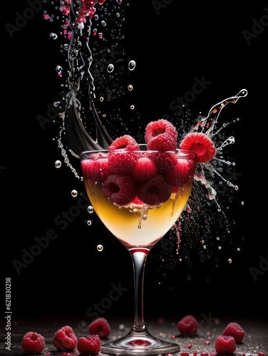 Fresh berry cocktail with raspberry in a glass on black background, in freeze motion, drops in the liquid. Generative AI