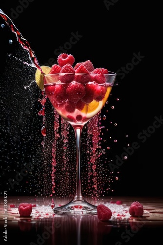 Fresh berry cocktail with raspberry in a glass on black background, in freeze motion, drops in the liquid. Generative AI