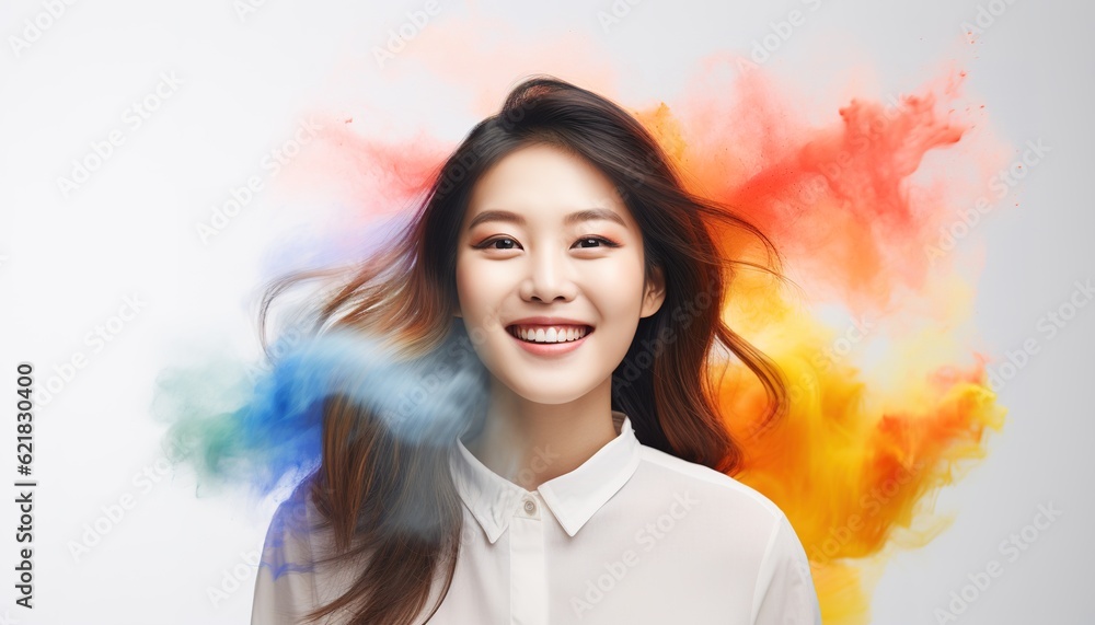 Happy Asian woman smiling in a cloud of colorful smoke and powder on a white background, having fun, colors, LGBTQ+, party, peace, inclusive, beauty, freedom. Generative AI.
