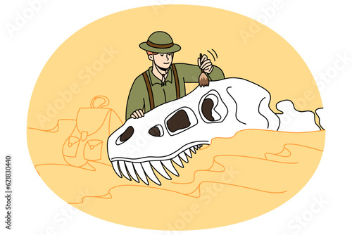 Paleontologist study dinosaur remains at archeology site. Man scientist working with old animal excavations. Paleontology and scientist. Vector illustration.
