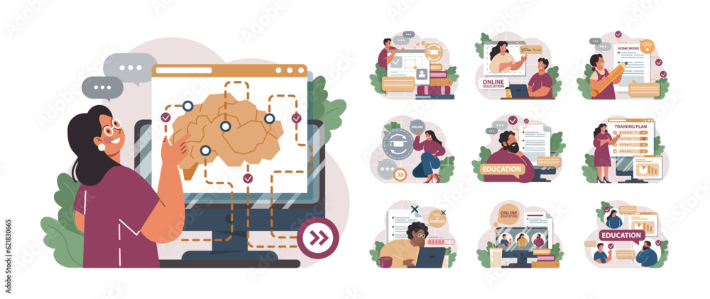 Online education set. Character study remotely using internet, online Online education set. Character study remotely using internet, online