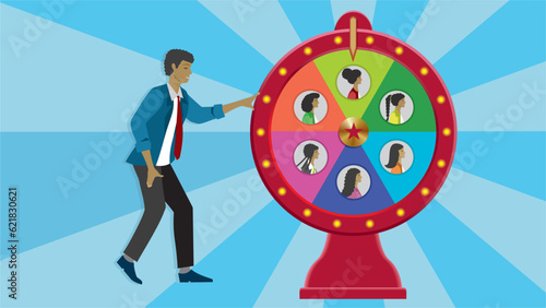 Lucky draw winner, wheel of fortune with different candidates for chance to win, get married or get anew job. Dimension 16:9. Vector illustration. photo