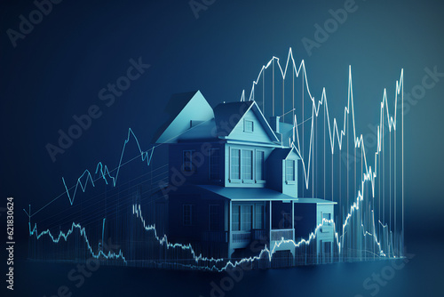 Illustration House investment growth, Real estate, Property value, Cost of living, House Price Rising Up To Up Real Estate Property Growth, Generative Ai photo