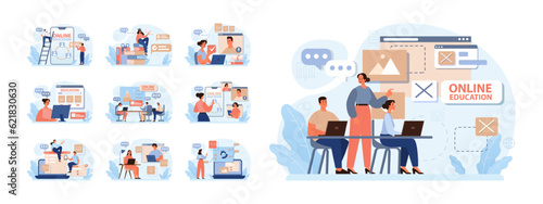 Online education set. Character study remotely using internet, online