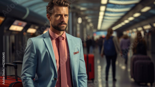 Man with blue suit in the airport on the way to a business trip