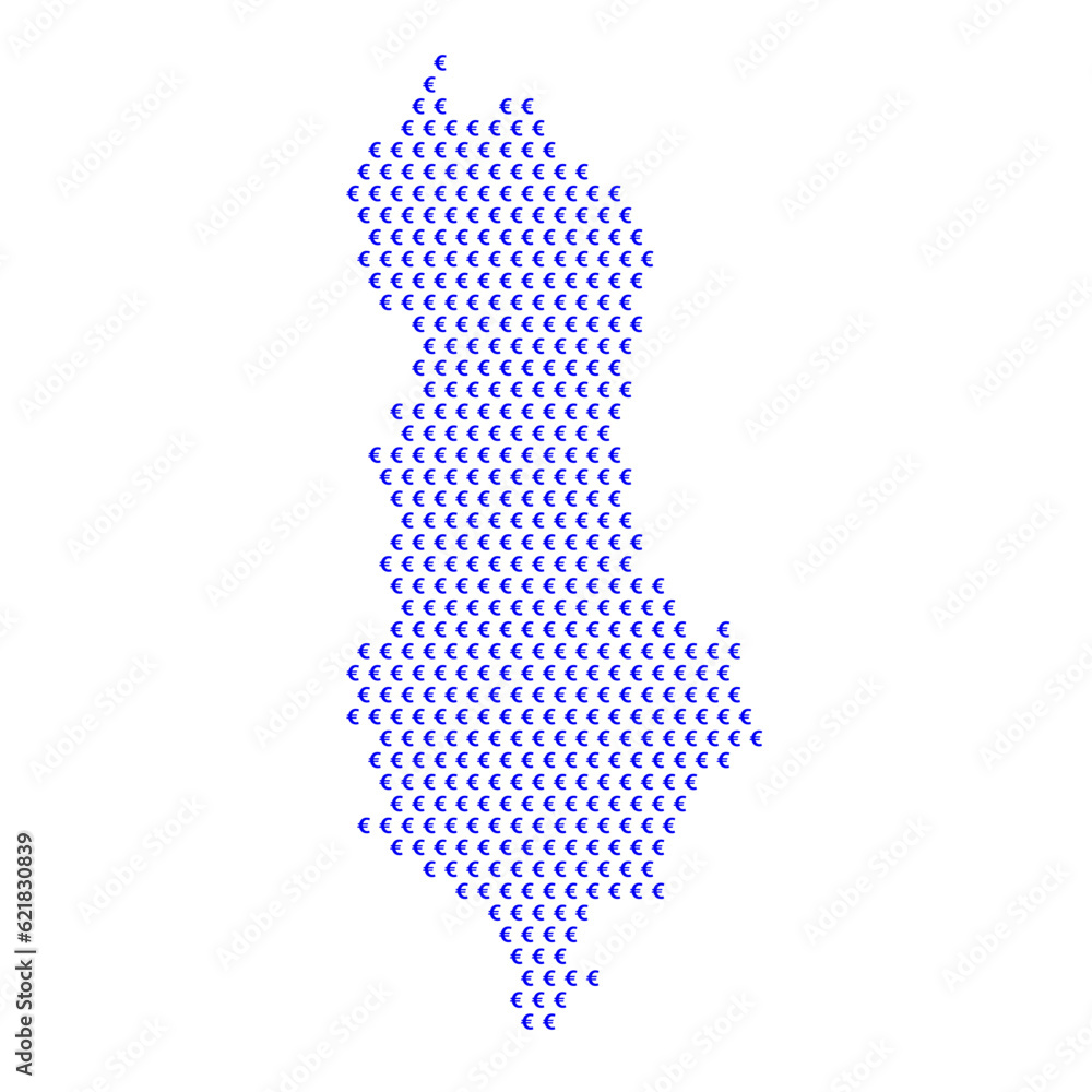 Map of the country of Albania with blue Euro sign icons on a white background