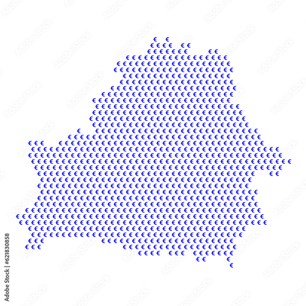 Map of the country of Belarus with blue Euro sign icons on a white background