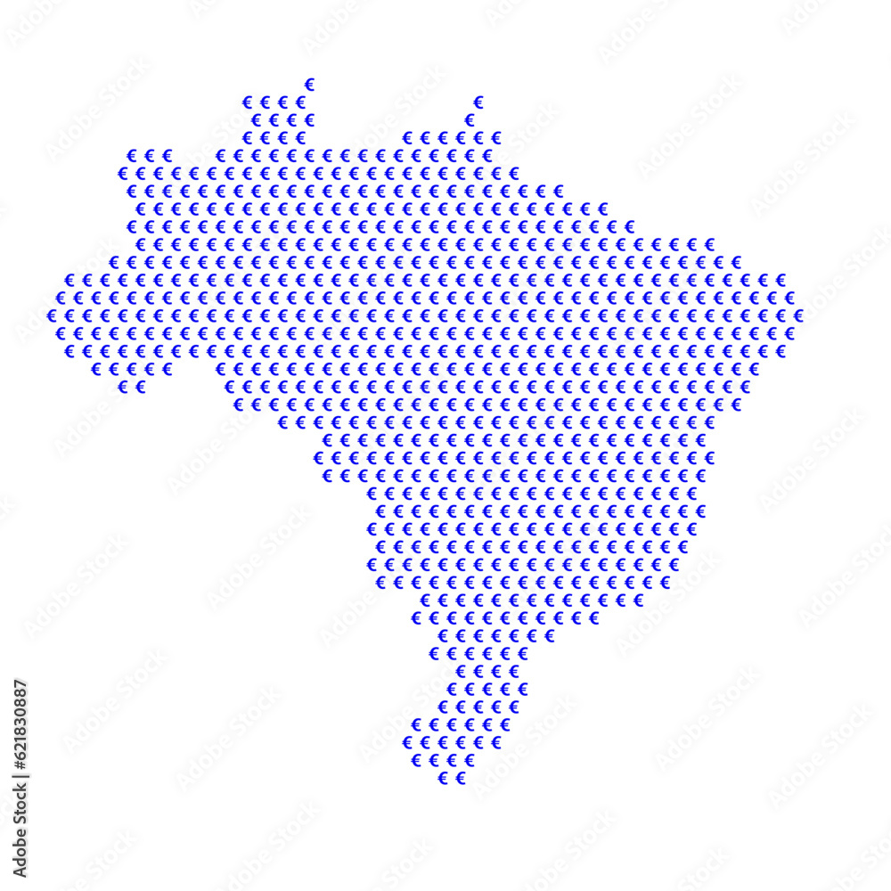 Map of the country of Brazil with blue Euro sign icons on a white background