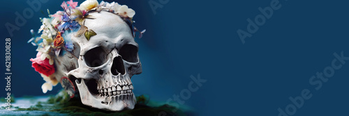 Floral Wreath Day of the Dead Skull - Festive Art Element - Generative AI