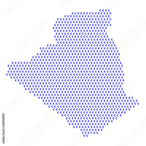 Map of the country of Algeria with blue Euro sign icons on a white background