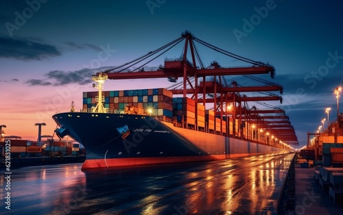 A large cargo ship in a harbor at night. AI