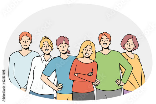 Diverse young people standing together showing friendship and support. Multiethnic youth group togetherness. Teamwork and cooperation. Vector illustration.