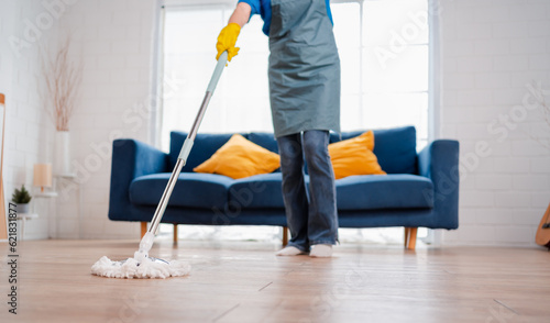 Housework or house keeping service two female cleaning dust in home, cleaning agency small business. professional equipment cleaning old home.