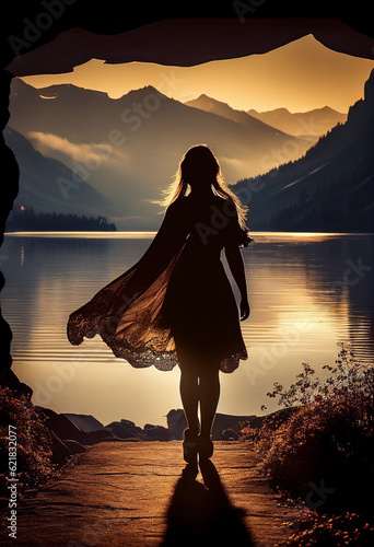 Silhouette of a young girl on the shore of a beautiful mountain landscape and lake, watercolor style. AI Generated