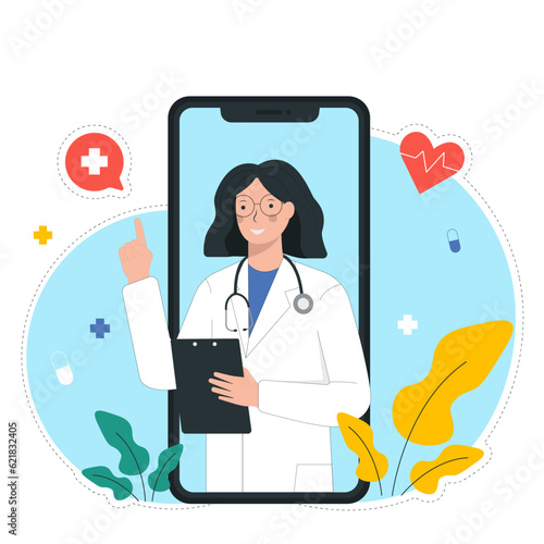 The doctor-therapist consults the patient via video link online. Concept of online doctorate vector illustration on modern minimalistic style