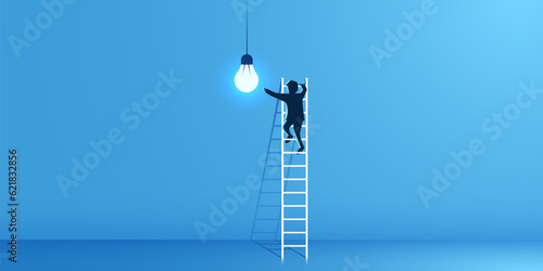 Human climbs the stairs to the light bulb. Idea, goal and innovation concept.